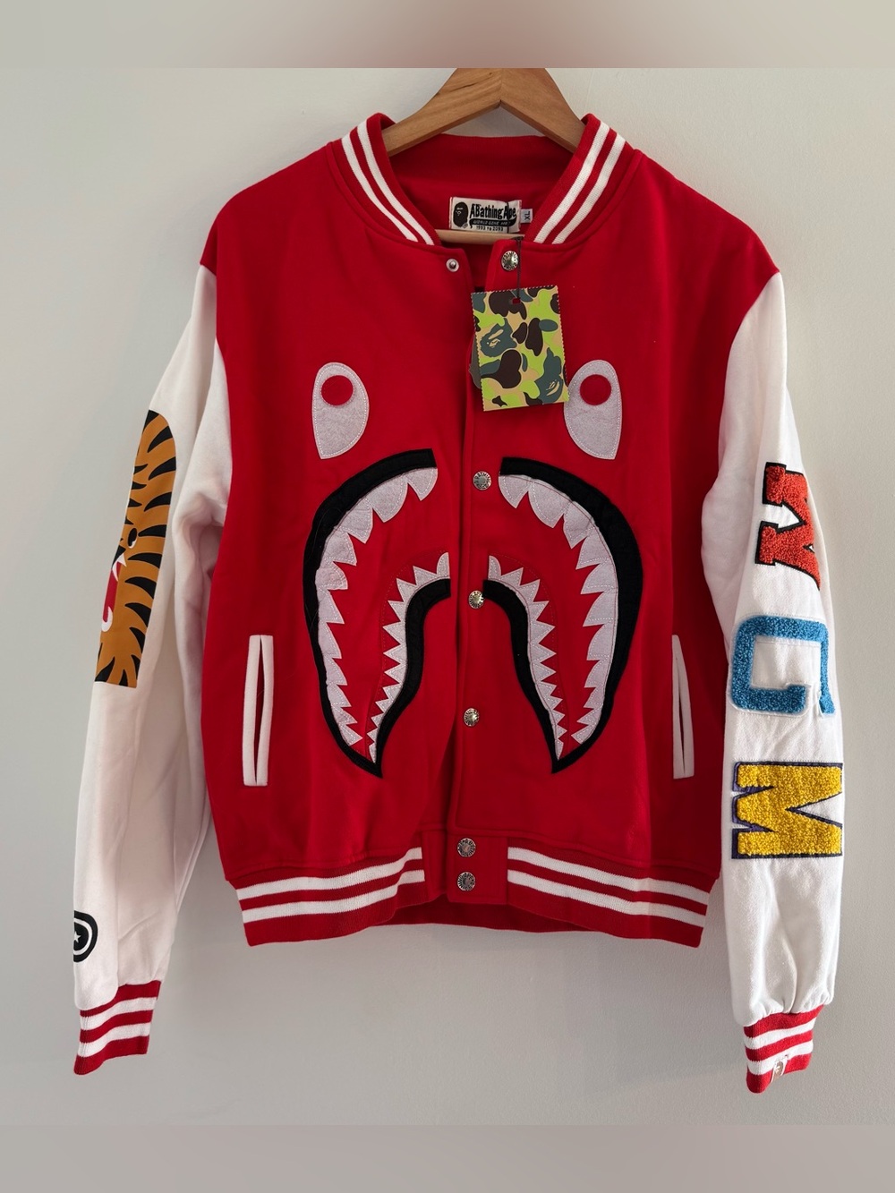 A Bathing Ape Shark Face Jacket Youth XL Red Varsity WGM Tiger Bape Hip Hop